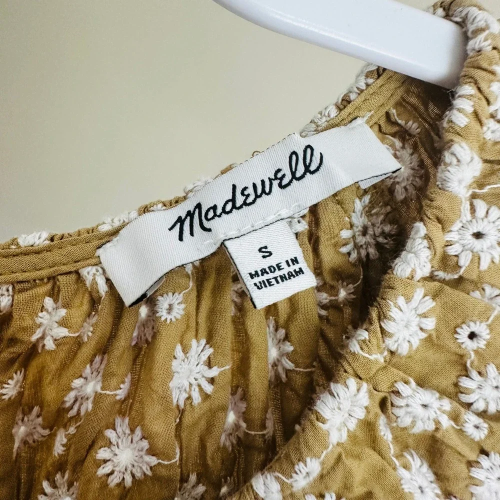 Madewell Mustard Daisy Embroidered Puff Sleeve Blouse Small Romantic 70s Cottage
